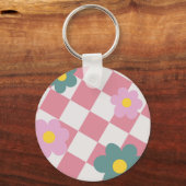 Pink Gingham Floral Pattern – Retro Cute Flower Sleutelhanger (Voorkant)