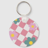 Pink Gingham Floral Pattern – Retro Cute Flower Sleutelhanger (Achterkant)