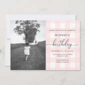 Pink Gingham Foto Birthday Invitation Kaart (Voorkant)