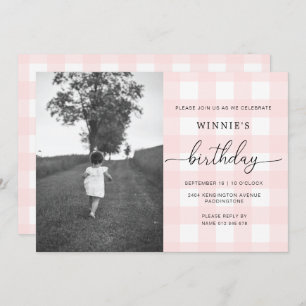 Pink Gingham Foto Birthday Invitation Kaart