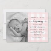 Pink Gingham Foto Christening Uitnodiging (Voorkant)