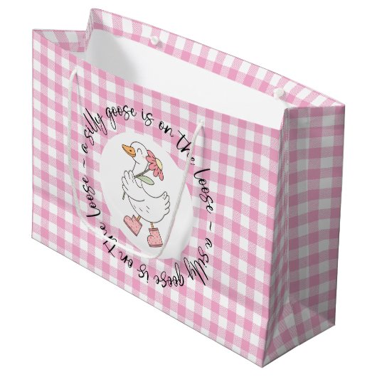 Pink Gingham Gekke Goose Groot Cadeauzakje (Voorkant Gekanteld)