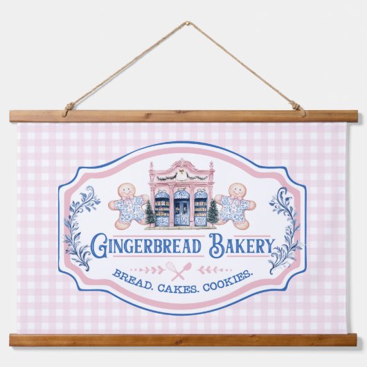 Pink Gingham Gingerbread Bakery Hangend Wandkleed (Voorkant)