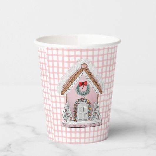 Pink Gingham Gingerbread House Papieren Bekers (Links)
