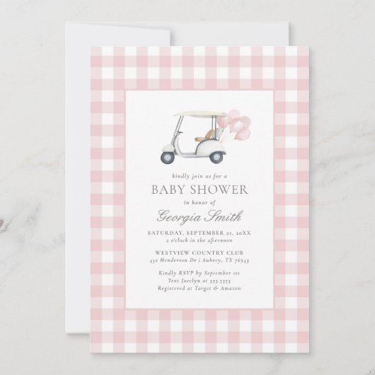 Pink Gingham Golf Girl Baby shower Kaart (Voorkant)