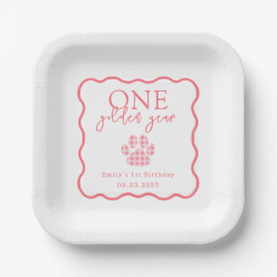 Pink Gingham grillig één gouden jaar verjaardag Papieren Bordje