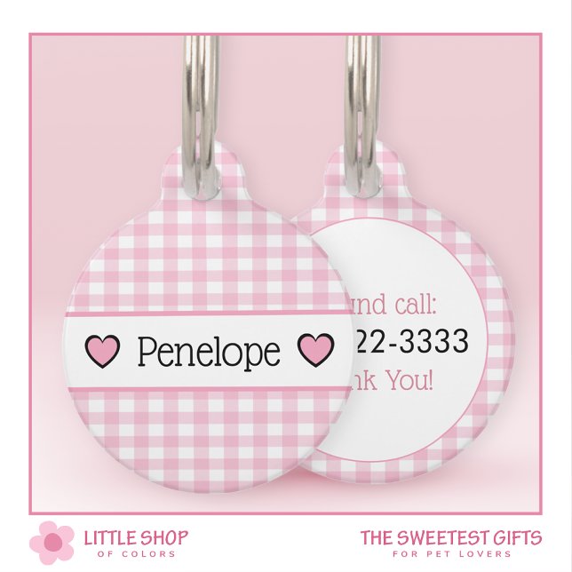 Pink Gingham Hearts gepersonaliseerd Huisdierpenning (Creator heeft geüpload)