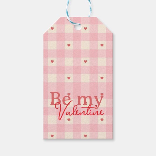 Pink Gingham Hearts Valentine  Cadeaulabel (Voorkant)