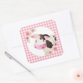 Pink Gingham Koe Floral Vierkante Sticker (Envelop)
