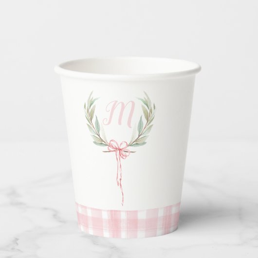 Pink Gingham Laurel Crest Cups Papieren Bekers (Voorkant)