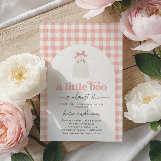 Pink Gingham Little Boo Ghost Baby shower Kaart