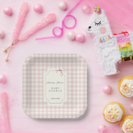 Pink Gingham met Bow-Baby shower Papieren Bordje