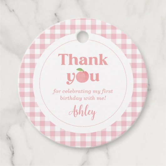 Pink Gingham Peach eerste verjaardag Bedankjes Labels (Voorkant)