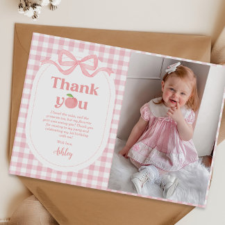 Pink Gingham Peach eerste verjaardag foto Bedankkaart