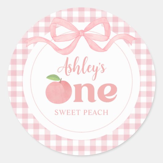 Pink Gingham Peach eerste verjaardag Ronde Sticker (Voorkant)