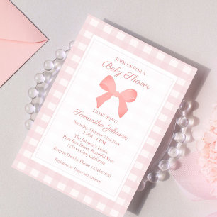 Pink Gingham Pink Bow Baby shower Kaart