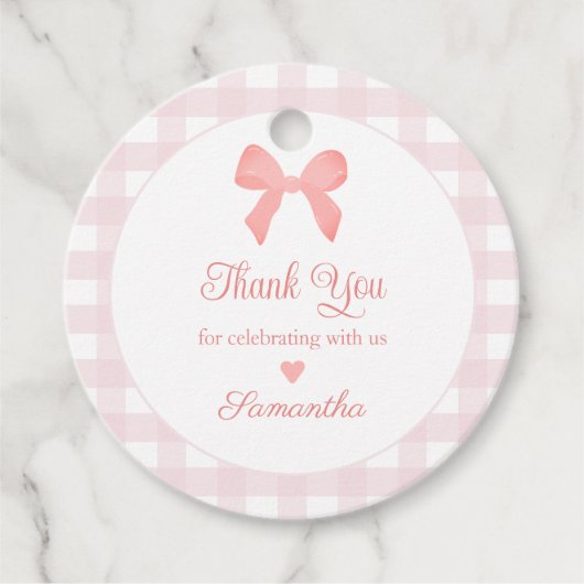 Pink Gingham Pink Bow Verjaardag Bedankjes Labels (Voorkant)