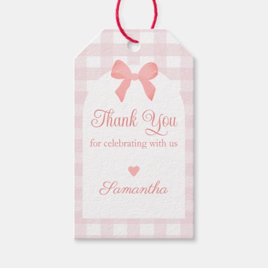 Pink Gingham Pink Bow Verjaardag Cadeaulabel (Voorkant)