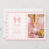 Pink Gingham Pink Bow Verjaardagsfoto Kaart (Voorkant)