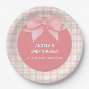 Pink Gingham Plaid Bow Baby shower Papieren Bordje