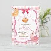 Pink Gingham Plaid Chick 1st Birthday Invitation (Debout devant)