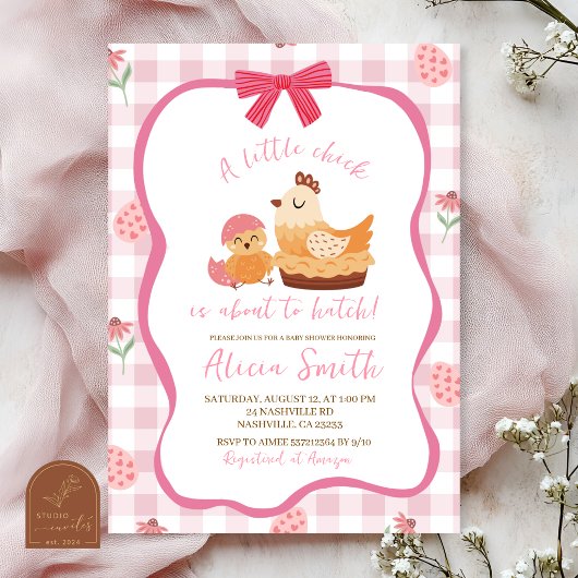 Pink Gingham Plaid Chick Baby Shower Invitation