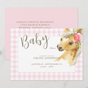Pink Gingham Pony-Baby shower Kaart
