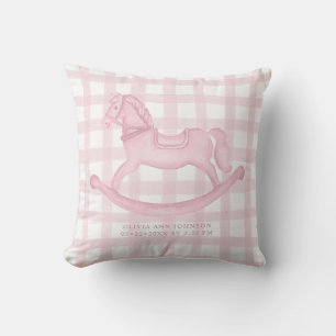 Pink Gingham Rocking Horse Baby Girl Geboortekusse Kussen