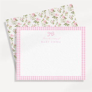 Pink Gingham & Roos Floral Baby Note Kaart