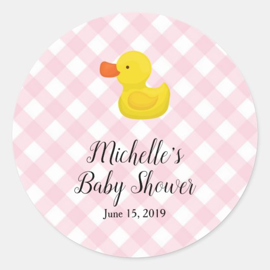 Pink Gingham Rubber Duckie Baby Shower Ronde Sticker (Voorkant)