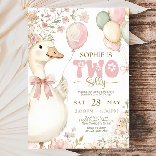 Pink Gingham Silly Goose 2nd Birthday Invitation 