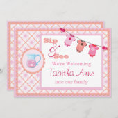 Pink Gingham Sip and See Bunting Baby Invitation Kaart (Voorkant / Achterkant)