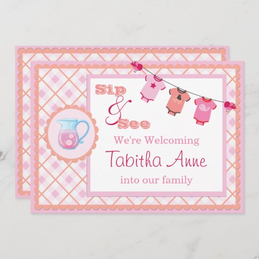 Pink Gingham Sip and See Bunting Baby Invitation Kaart (Voorkant / Achterkant)