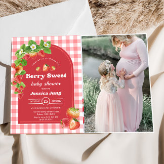Pink Gingham Strawberry Baby shower Party Foto Kaart