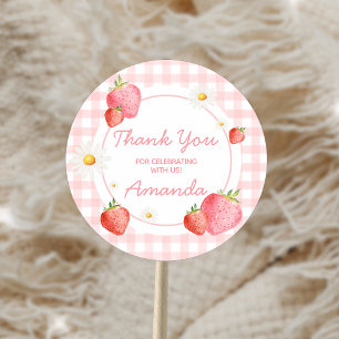 Pink Gingham Strawberry Berry eerste verjaardag Ronde Sticker