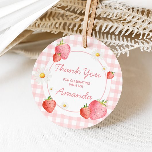 Pink Gingham Strawberry Berry Verjaardagsfeestje R Bedankjes Labels