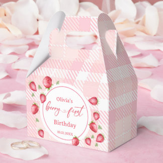 Pink Gingham Strawberry Verjaardag Bedankdoosjes