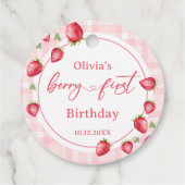 Pink Gingham Strawberry Verjaardag Bedankjes Labels (Achterkant)