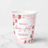 Pink Gingham Strawberry Verjaardag Papieren Bekers (Voorkant)