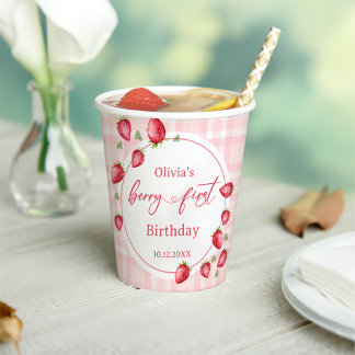 Pink Gingham Strawberry Verjaardag Papieren Bekers