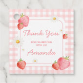 Pink Gingham Strawberry verjaardagsfeestje Bedankjes Labels (Voorkant)
