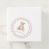 Pink Gingham Teddy Bear Baby Shower Bedankjes Labels (In situ)