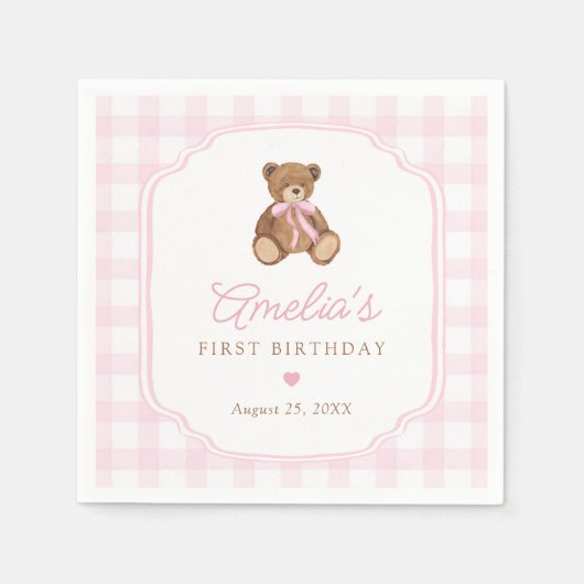 Pink Gingham Teddy Bear Beary First Birthday Servet (Voorkant)