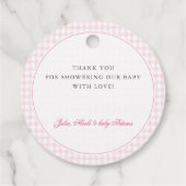 Pink Gingham Teddy Bear Neutral Baby Shower Bedankjes Labels (Achterkant)