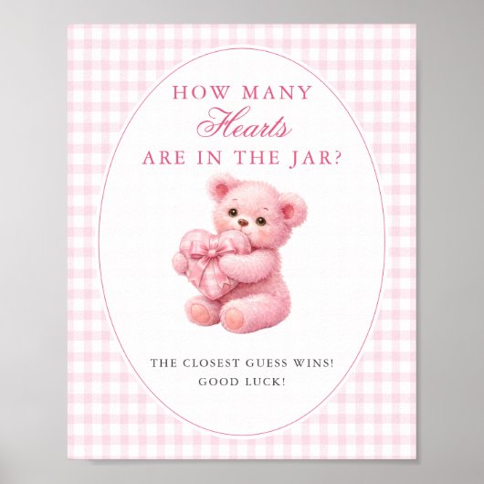Pink Gingham Teddy Bear Neutral Baby Shower Poster (Voorkant)