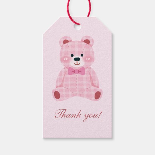 Pink Gingham Teddy Cadeaulabel (Voorkant)