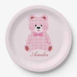 Pink Gingham Teddy Papieren Bordje