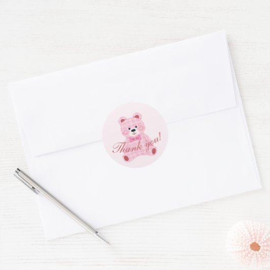 Pink Gingham Teddy Ronde Sticker (Envelop)
