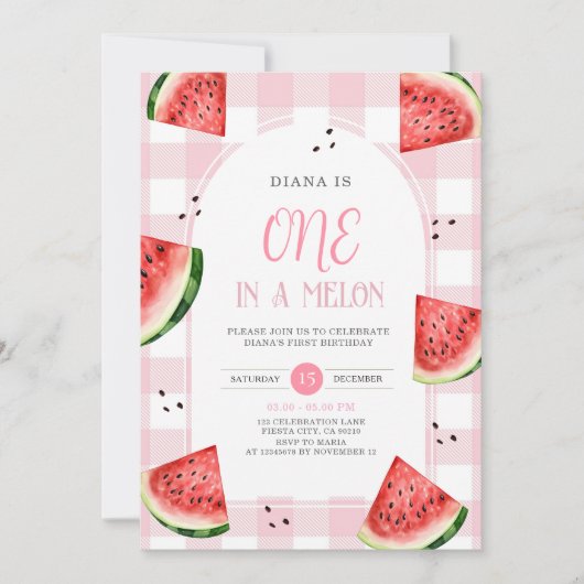 Pink Gingham Watermelon First Birthday Invitation Kaart (Voorkant)