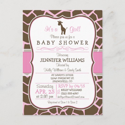 Pink Giraffe Girl Baby shower Briefkaart Uitnodigi (Voorkant)
